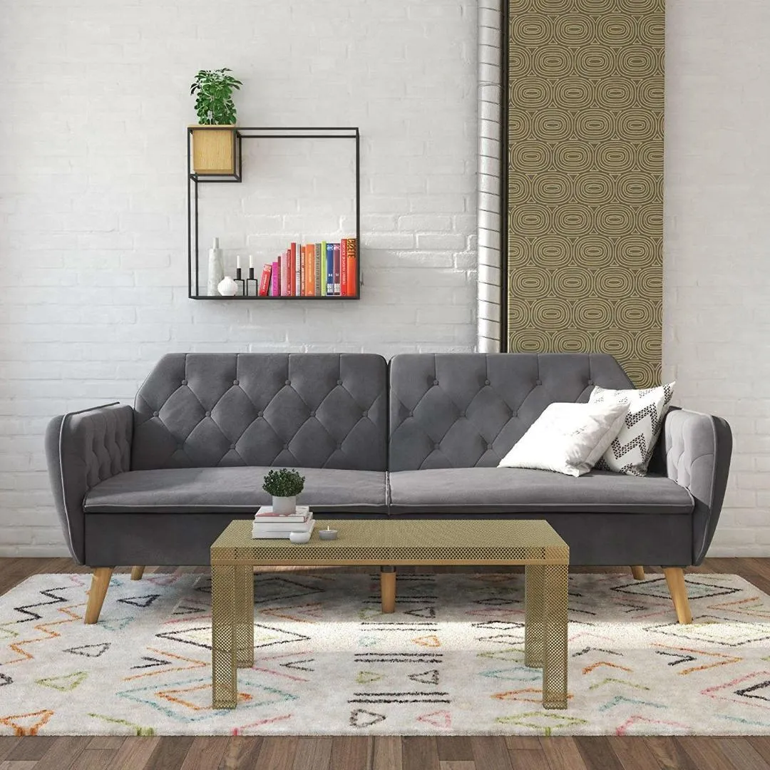 Memory Foam Futon Sofa Bed with Grey Velvet Upholstery and Wooden Legs
