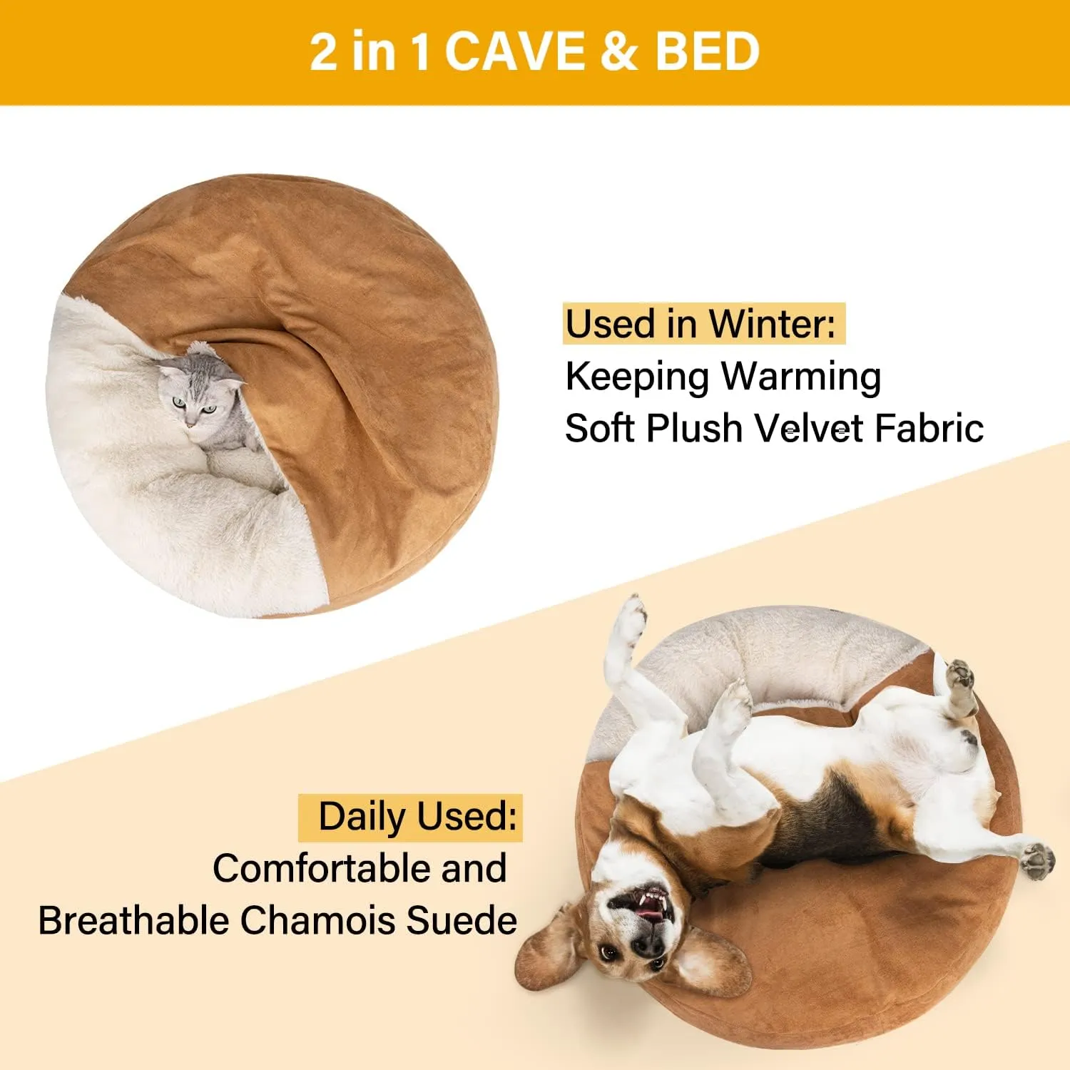 MICOOYO Covered Dog Bed Small, Donut Camling Dog Beds for Small Dogs with Hooded Blankets, Round Cuddler Pet Beds for Puppy Cats Washable (Khaki, 24 inch)