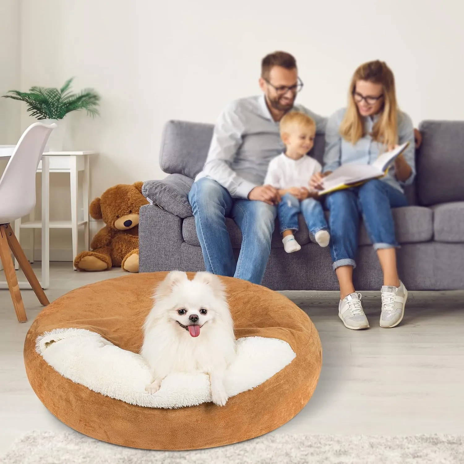 MICOOYO Covered Dog Bed Small, Donut Camling Dog Beds for Small Dogs with Hooded Blankets, Round Cuddler Pet Beds for Puppy Cats Washable (Khaki, 24 inch)