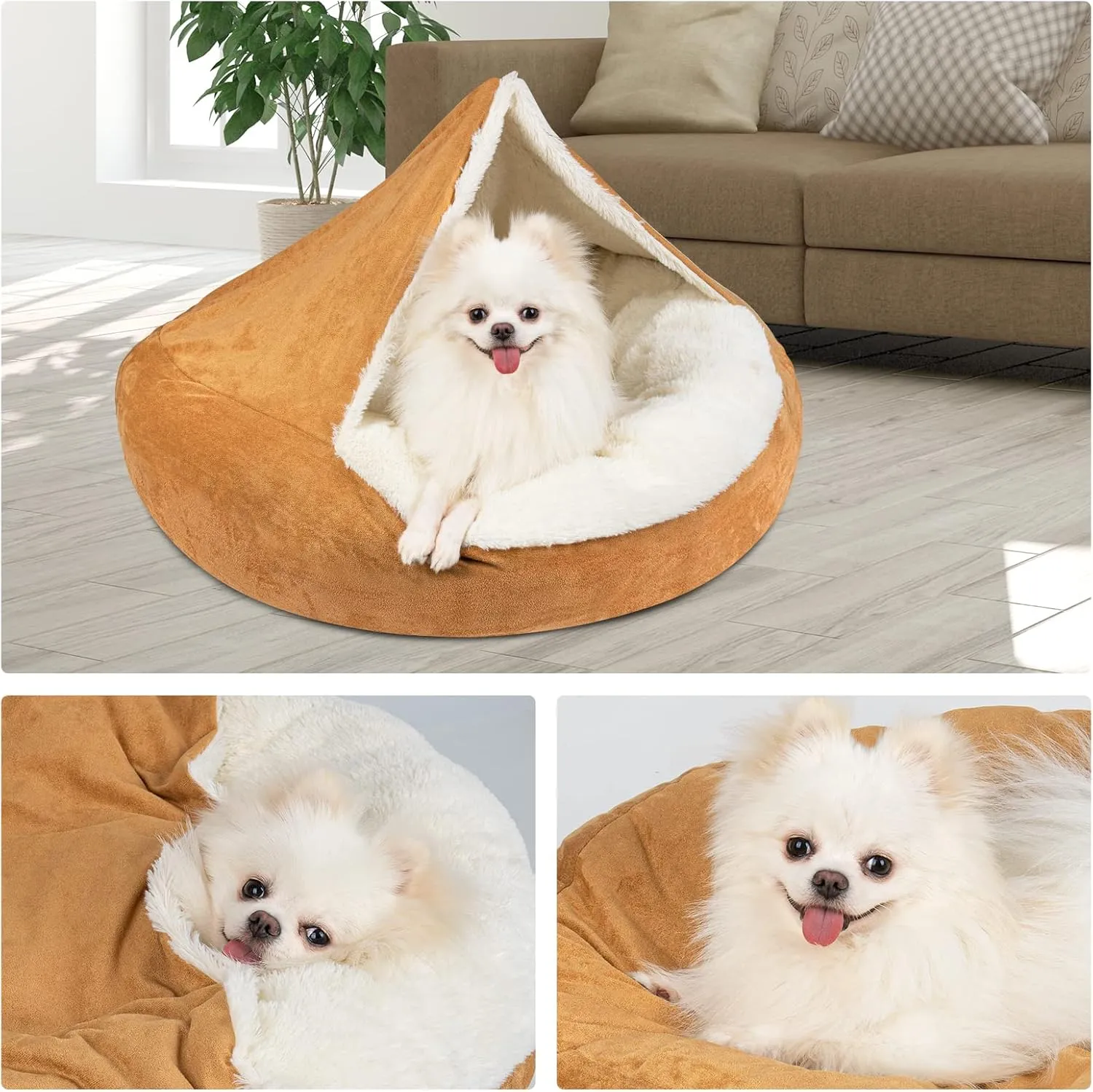 MICOOYO Covered Dog Bed Small, Donut Camling Dog Beds for Small Dogs with Hooded Blankets, Round Cuddler Pet Beds for Puppy Cats Washable (Khaki, 24 inch)