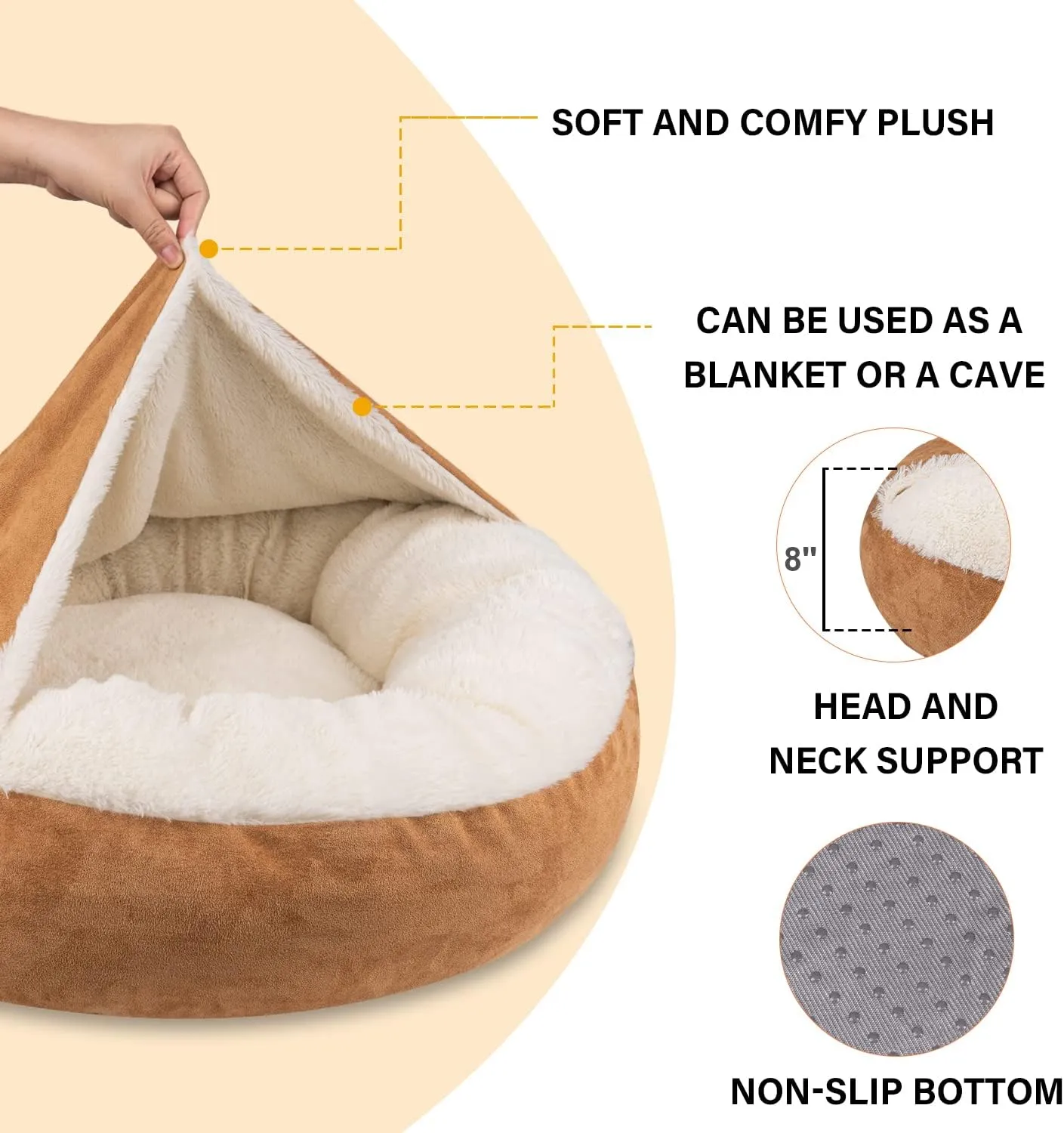 MICOOYO Covered Dog Bed Small, Donut Camling Dog Beds for Small Dogs with Hooded Blankets, Round Cuddler Pet Beds for Puppy Cats Washable (Khaki, 24 inch)