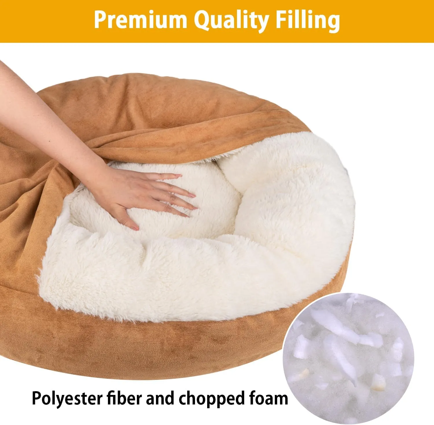 MICOOYO Covered Dog Bed Small, Donut Camling Dog Beds for Small Dogs with Hooded Blankets, Round Cuddler Pet Beds for Puppy Cats Washable (Khaki, 24 inch)