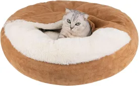 MICOOYO Covered Dog Bed Small, Donut Camling Dog Beds for Small Dogs with Hooded Blankets, Round Cuddler Pet Beds for Puppy Cats Washable (Khaki, 24 inch)