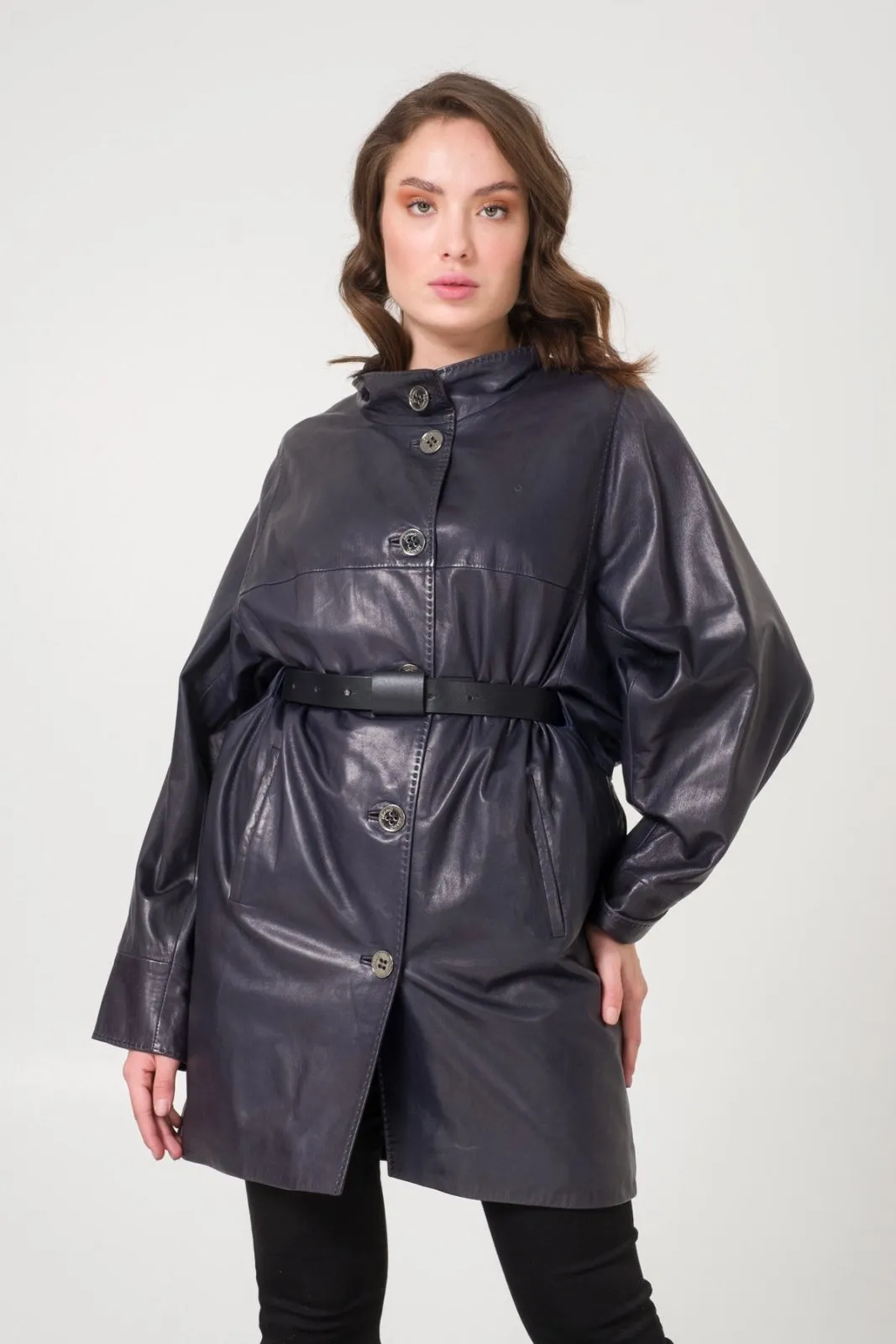 Navy Leather Coat