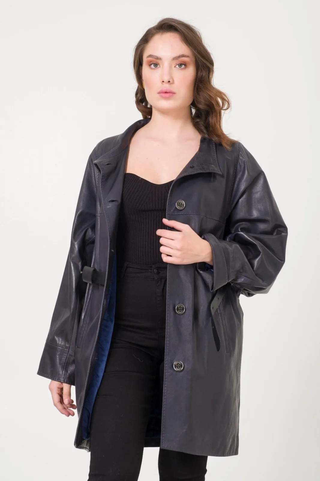 Navy Leather Coat