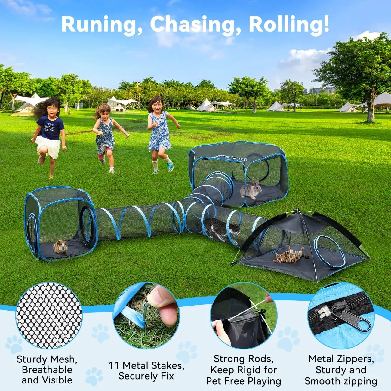 Outdoor Cat Enclosures for Cats Indoor, Patio Portable Mesh Cat Tent, Tunnel, Playhouse with Free Carry Bag & Metal Rod for Multiple Cats and Small Animals, Includes Cat Playpen 2 Cat Tent Cat Tunnel