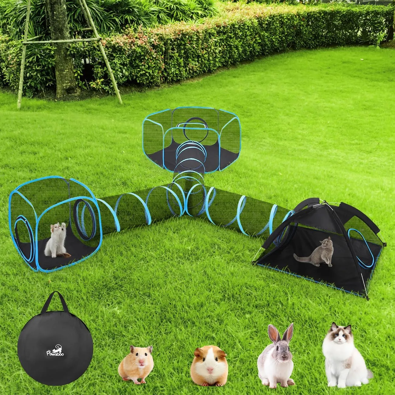 Outdoor Cat Enclosures for Cats Indoor, Patio Portable Mesh Cat Tent, Tunnel, Playhouse with Free Carry Bag & Metal Rod for Multiple Cats and Small Animals, Includes Cat Playpen 2 Cat Tent Cat Tunnel