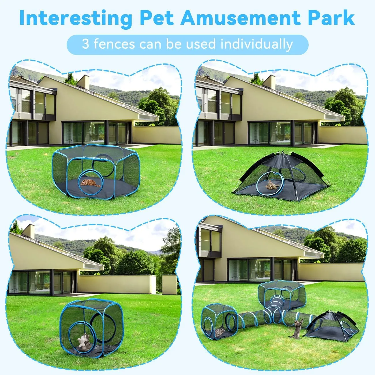 Outdoor Cat Enclosures for Cats Indoor, Patio Portable Mesh Cat Tent, Tunnel, Playhouse with Free Carry Bag & Metal Rod for Multiple Cats and Small Animals, Includes Cat Playpen 2 Cat Tent Cat Tunnel
