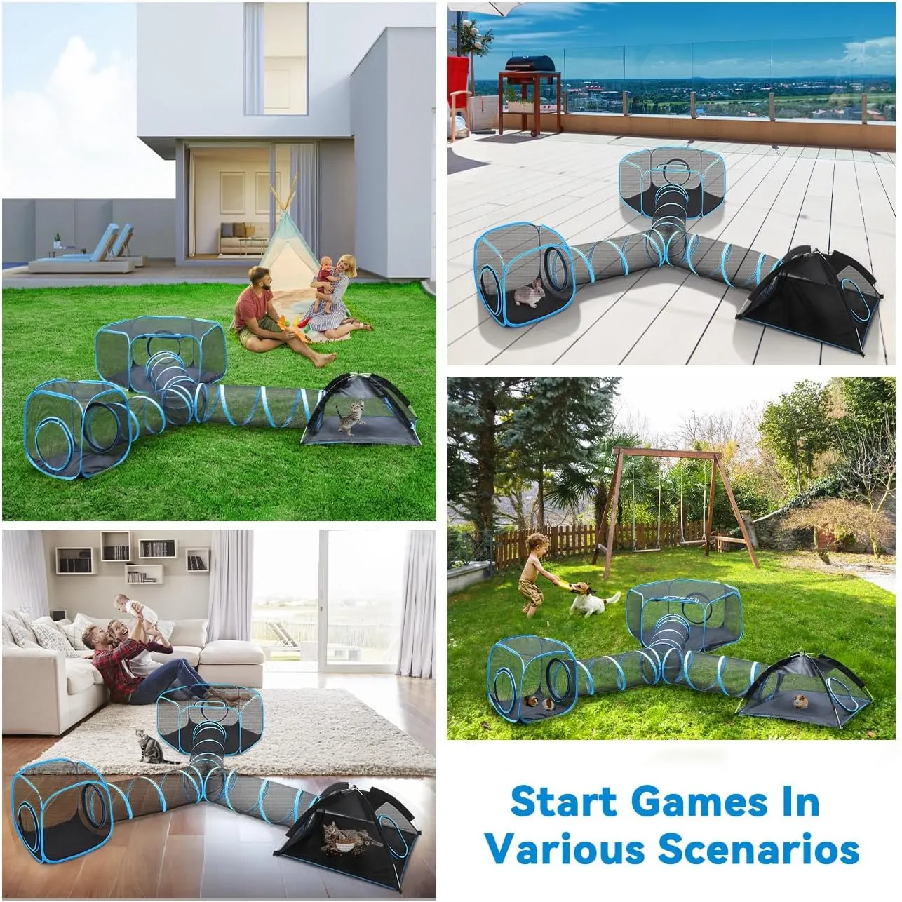 Outdoor Cat Enclosures for Cats Indoor, Patio Portable Mesh Cat Tent, Tunnel, Playhouse with Free Carry Bag & Metal Rod for Multiple Cats and Small Animals, Includes Cat Playpen 2 Cat Tent Cat Tunnel