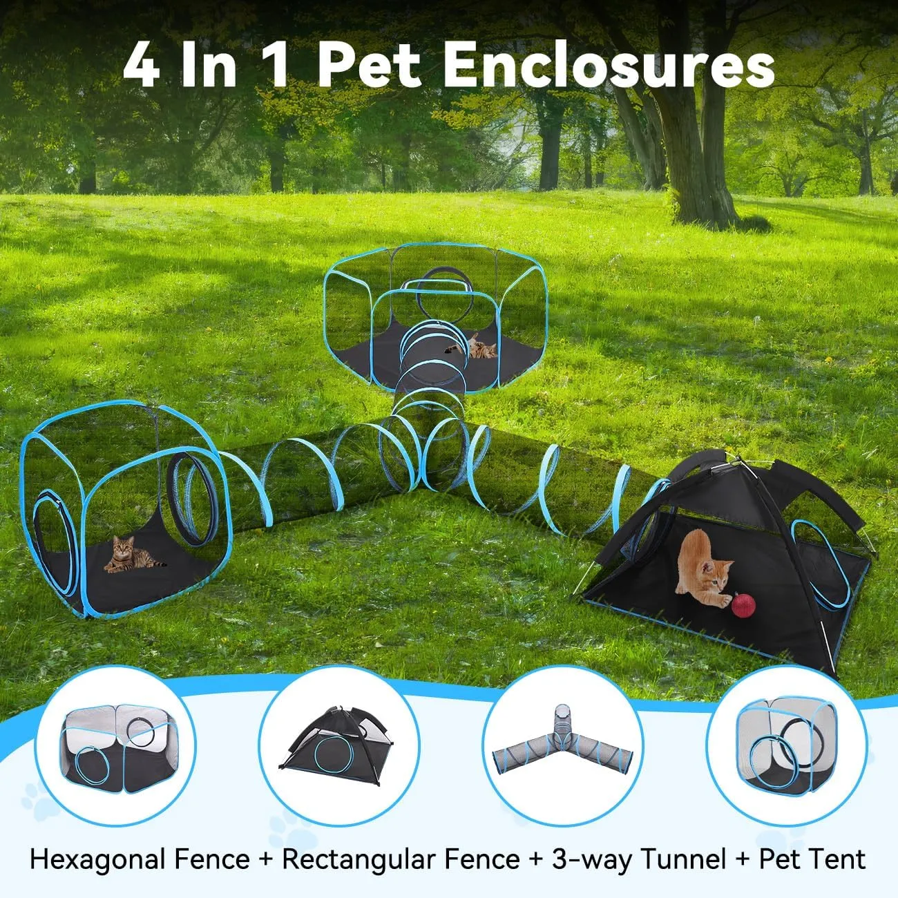 Outdoor Cat Enclosures for Cats Indoor, Patio Portable Mesh Cat Tent, Tunnel, Playhouse with Free Carry Bag & Metal Rod for Multiple Cats and Small Animals, Includes Cat Playpen 2 Cat Tent Cat Tunnel