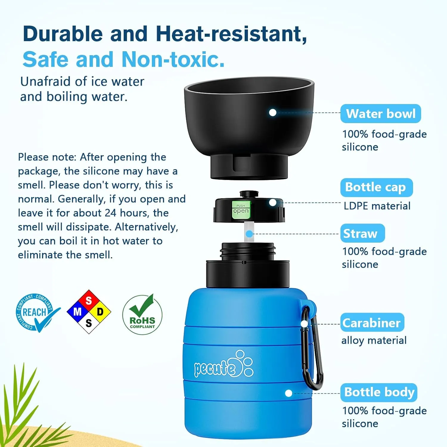Pecute Dog Water Bottle Portable & Collapsible,17oz-29oz Dog Water Bottle with Folding Bowl, 5 Levels Capacity in 1, Carabiner Clip, 100% Food Grade Silicone,Outdoor Walking,Hiking,Travel,Blue