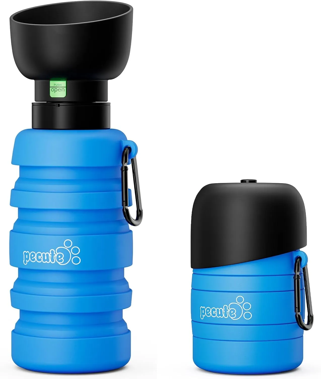Pecute Dog Water Bottle Portable & Collapsible,17oz-29oz Dog Water Bottle with Folding Bowl, 5 Levels Capacity in 1, Carabiner Clip, 100% Food Grade Silicone,Outdoor Walking,Hiking,Travel,Blue