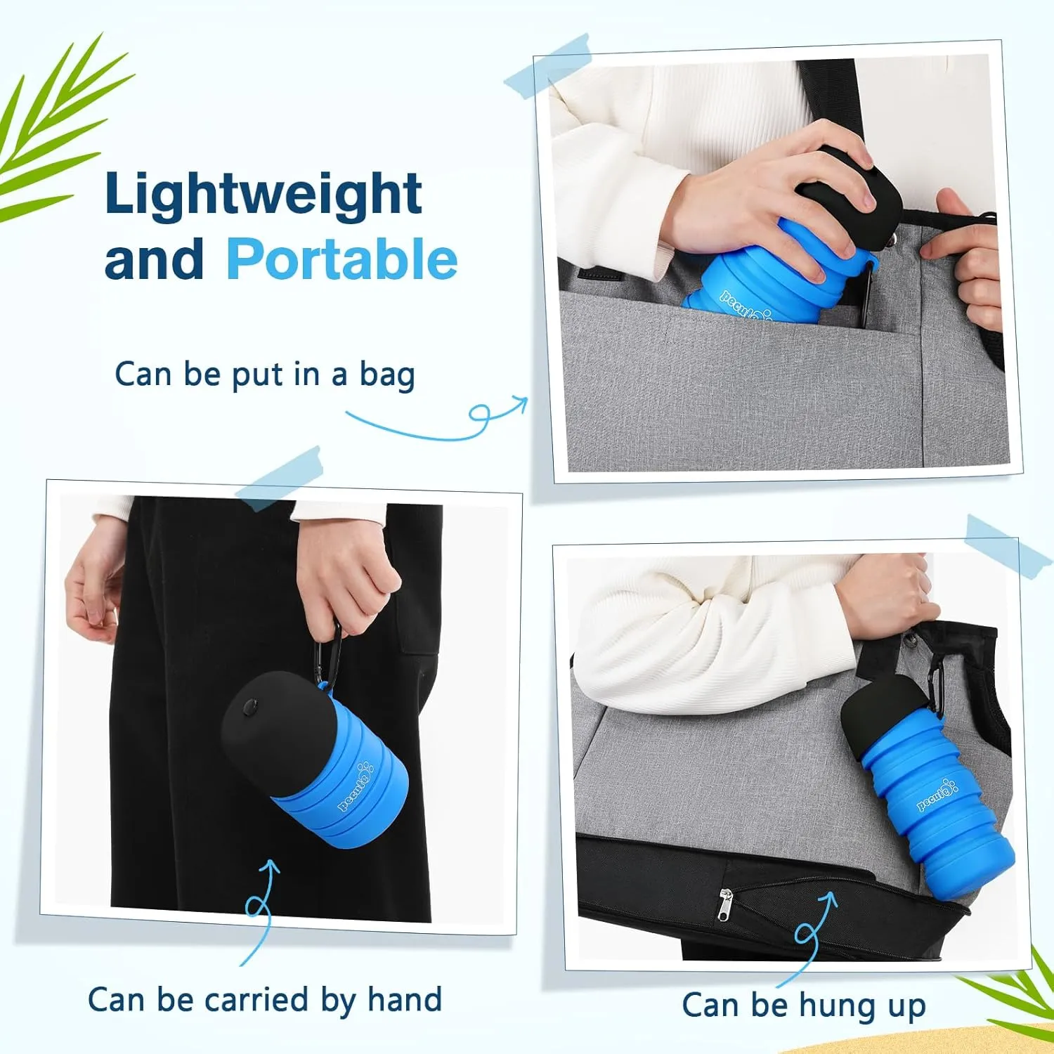 Pecute Dog Water Bottle Portable & Collapsible,17oz-29oz Dog Water Bottle with Folding Bowl, 5 Levels Capacity in 1, Carabiner Clip, 100% Food Grade Silicone,Outdoor Walking,Hiking,Travel,Blue
