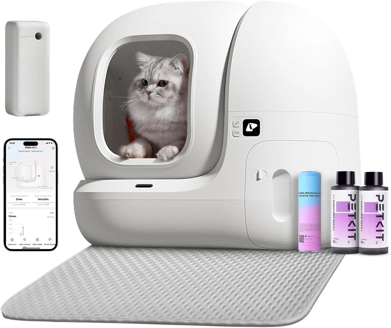 PETKIT PuraMax Self Cleaning Cat Litter Box for Multiple Cats, App Control/xSecure/Odor Removal Automatic Litter Box Includes Trash Bags and K3 Smart Air Purifier Spray