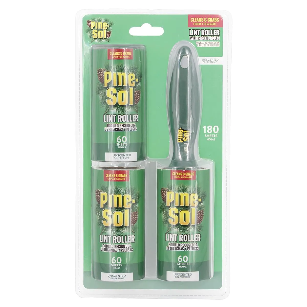 Pine-Sol Lint Roller with Refills - Reusable Pet Hair Removal Tool with 60 Sticky Sheets per Roll - Great for Clothing, Furniture, and Travel - 180 Adhesive Papers Total