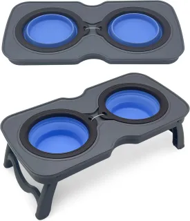 PINVNBY Elevated Portable Dog Bowl, Travel Raised Stand with Collapsible Silicone Double Diner Bowls Non-Slip Food and Water Bowls Holder for Small Dogs and Cats - 14.6" L x 7.5" W x 3.9" H