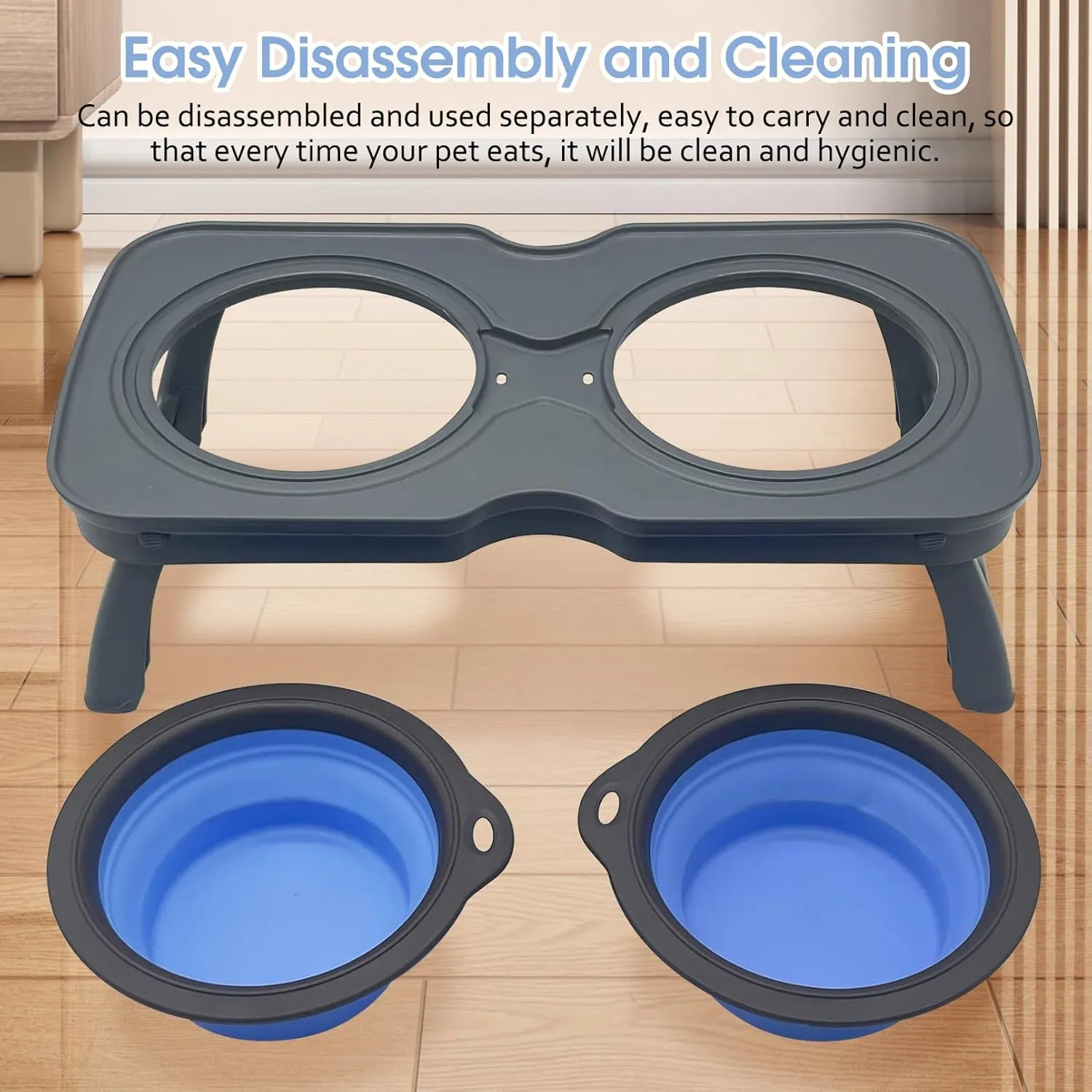 PINVNBY Elevated Portable Dog Bowl, Travel Raised Stand with Collapsible Silicone Double Diner Bowls Non-Slip Food and Water Bowls Holder for Small Dogs and Cats - 14.6" L x 7.5" W x 3.9" H