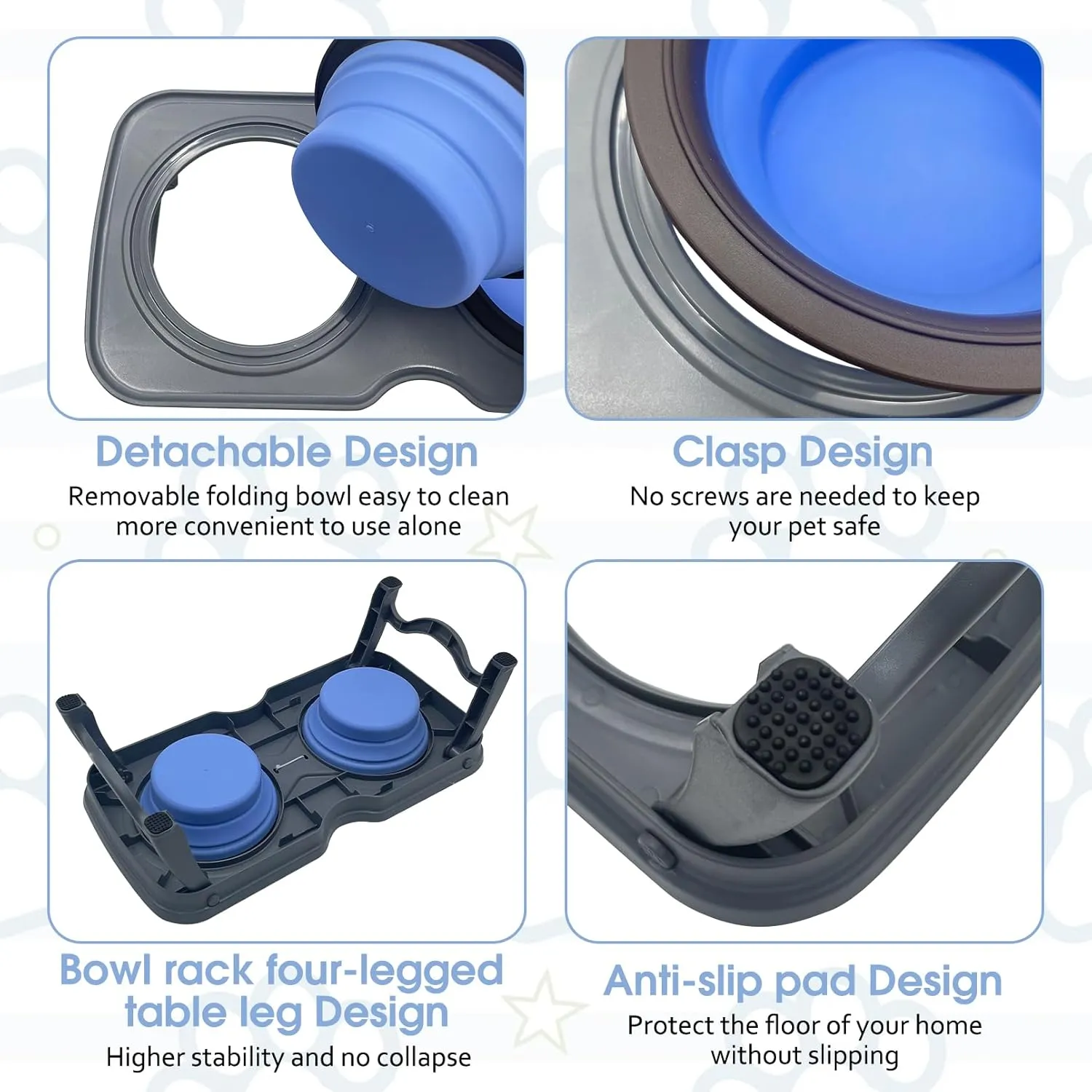 PINVNBY Elevated Portable Dog Bowl, Travel Raised Stand with Collapsible Silicone Double Diner Bowls Non-Slip Food and Water Bowls Holder for Small Dogs and Cats - 14.6" L x 7.5" W x 3.9" H