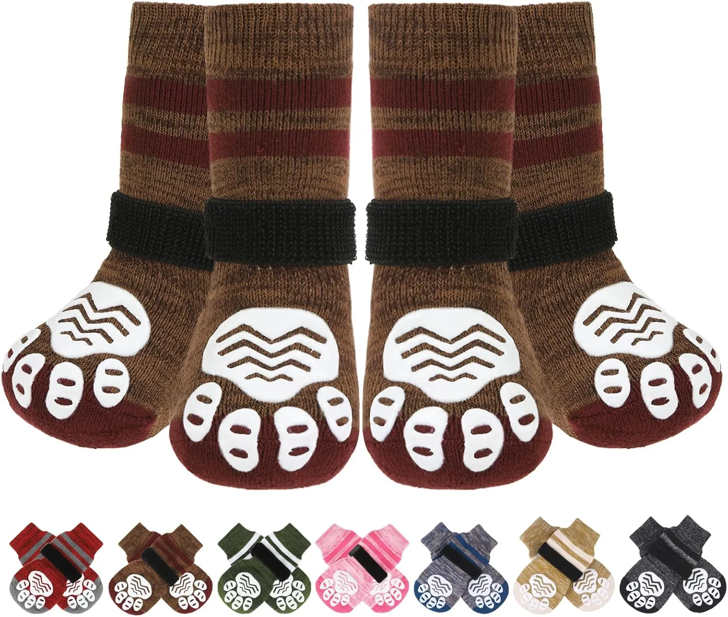PUPTECK Anti-Slip Dog Socks with Double Sides Grips Booties for Medium Large Dogs Hardwood Floors Prevents Licking, Dog Shoes for Cold & Hot Pavement Traction, Brown, L