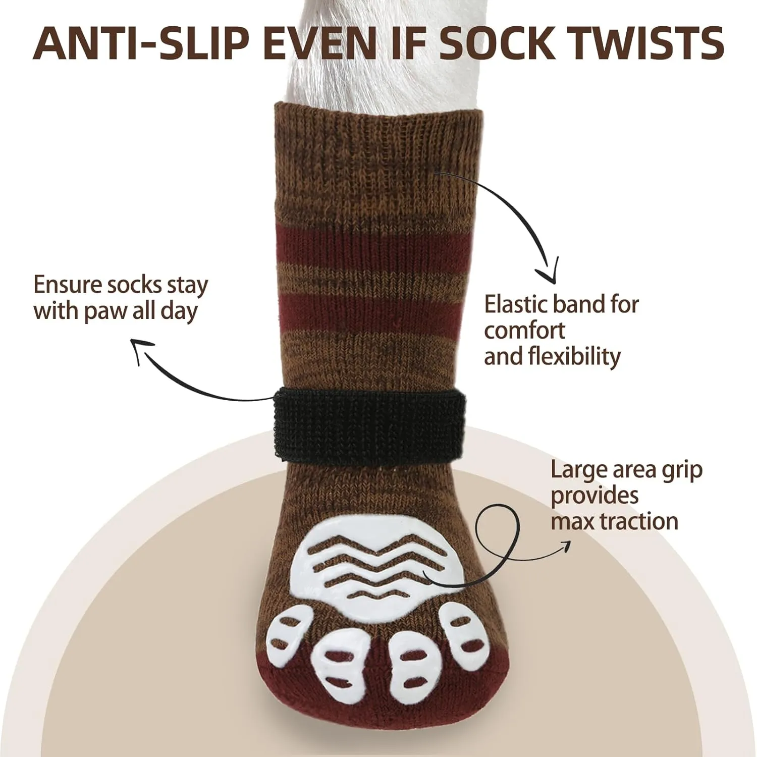 PUPTECK Anti-Slip Dog Socks with Double Sides Grips Booties for Medium Large Dogs Hardwood Floors Prevents Licking, Dog Shoes for Cold & Hot Pavement Traction, Brown, L