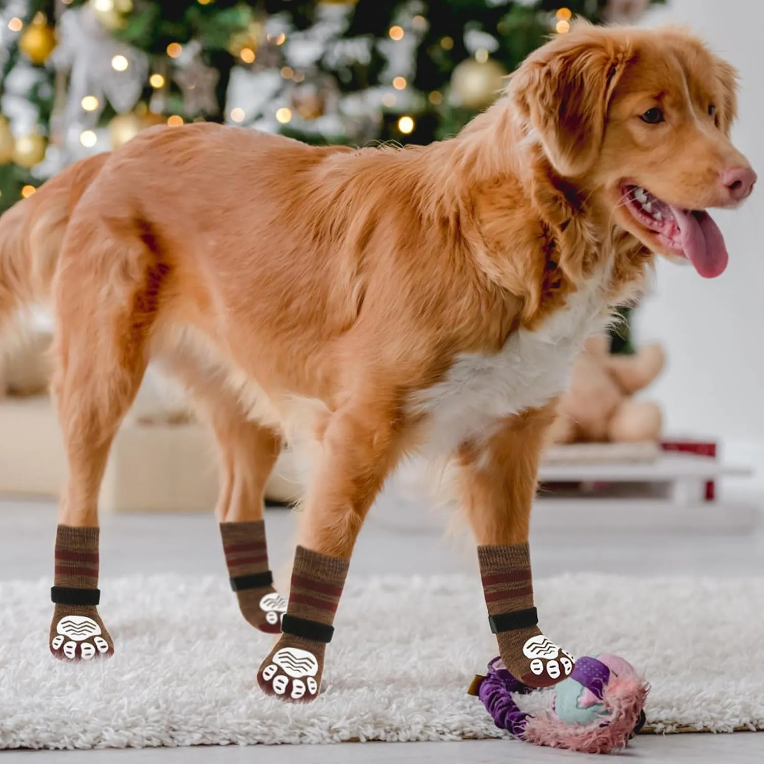 PUPTECK Anti-Slip Dog Socks with Double Sides Grips Booties for Medium Large Dogs Hardwood Floors Prevents Licking, Dog Shoes for Cold & Hot Pavement Traction, Brown, L
