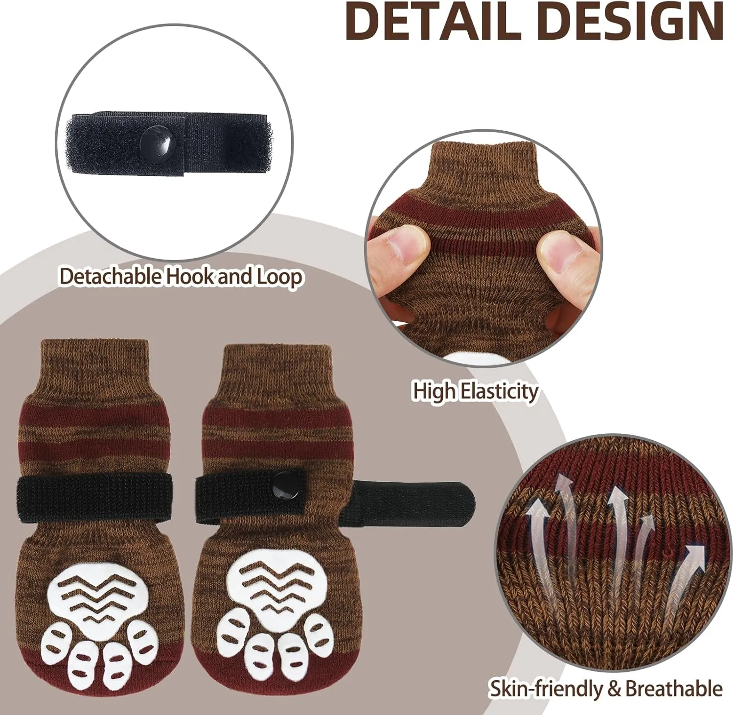 PUPTECK Anti-Slip Dog Socks with Double Sides Grips Booties for Medium Large Dogs Hardwood Floors Prevents Licking, Dog Shoes for Cold & Hot Pavement Traction, Brown, L