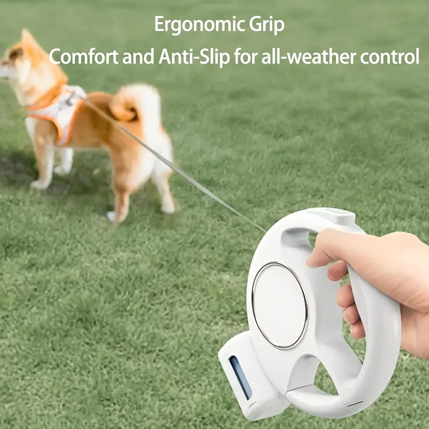 Retractable Dog Leash 4 in 1 with LED Light & Dispenser & Fixed Hanging, 10 ft Heavy Duty Dog Leash Retractable for Medium Large Dogs Up to 90lbs, 360Tangle-Free, One Button Brake & Lock (White)