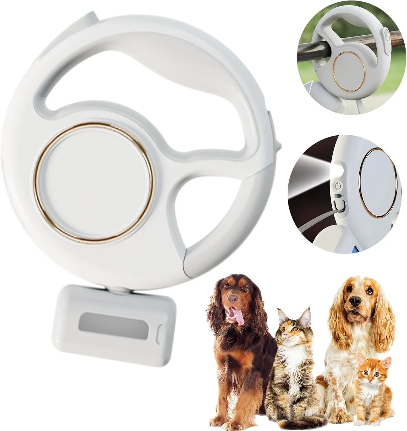 Retractable Dog Leash 4 in 1 with LED Light & Dispenser & Fixed Hanging, 10 ft Heavy Duty Dog Leash Retractable for Medium Large Dogs Up to 90lbs, 360Tangle-Free, One Button Brake & Lock (White)