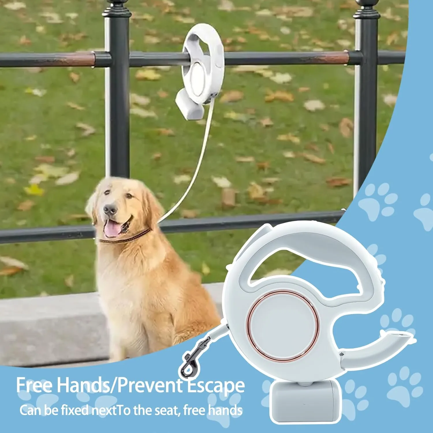 Retractable Dog Leash 4 in 1 with LED Light & Dispenser & Fixed Hanging, 10 ft Heavy Duty Dog Leash Retractable for Medium Large Dogs Up to 90lbs, 360Tangle-Free, One Button Brake & Lock (White)