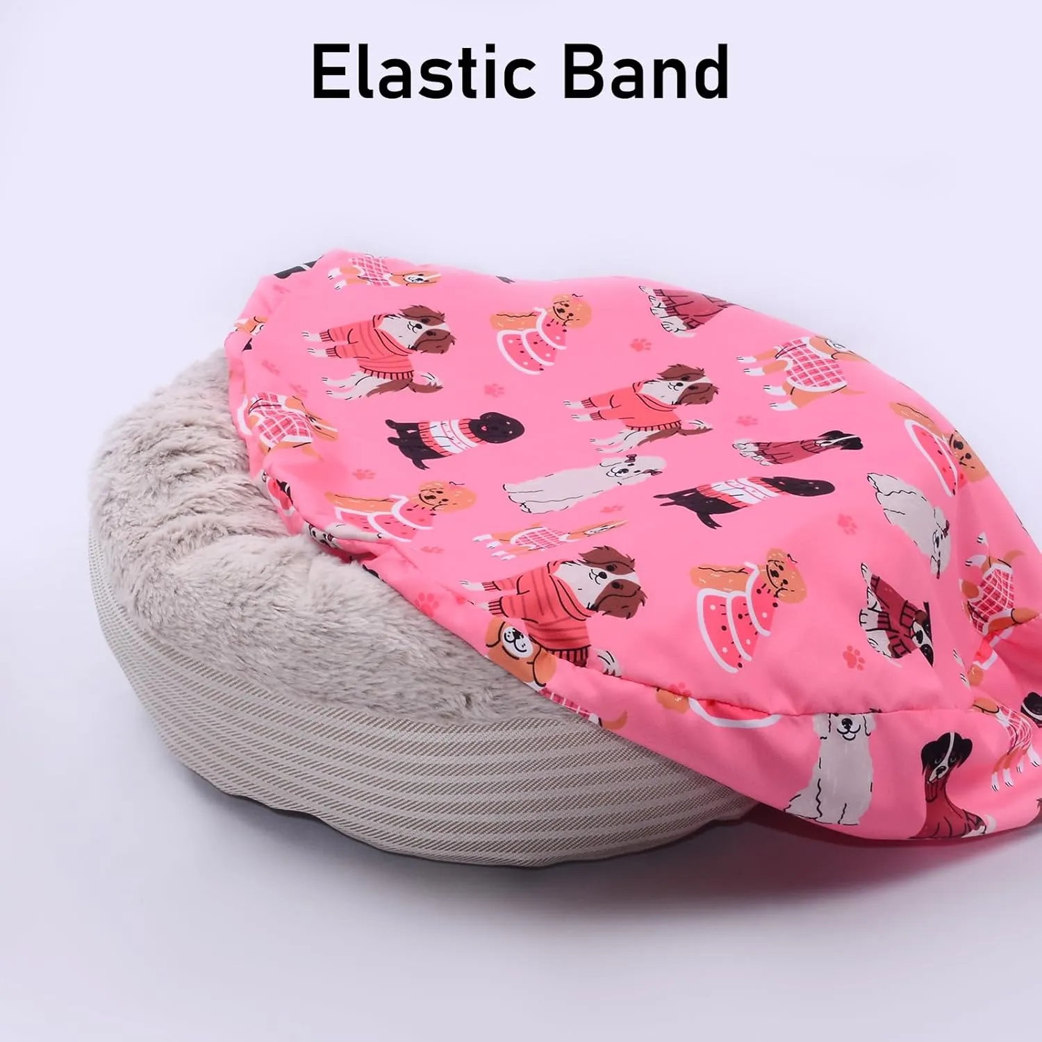 Round Replacement Dog Bed Covers Elastic Edged Washable Pet Bed Protector with Pink Dog Pattern Design for Small & Medium Pet Beds, Cover Only (Pink, 20 x 9.8 Inch)