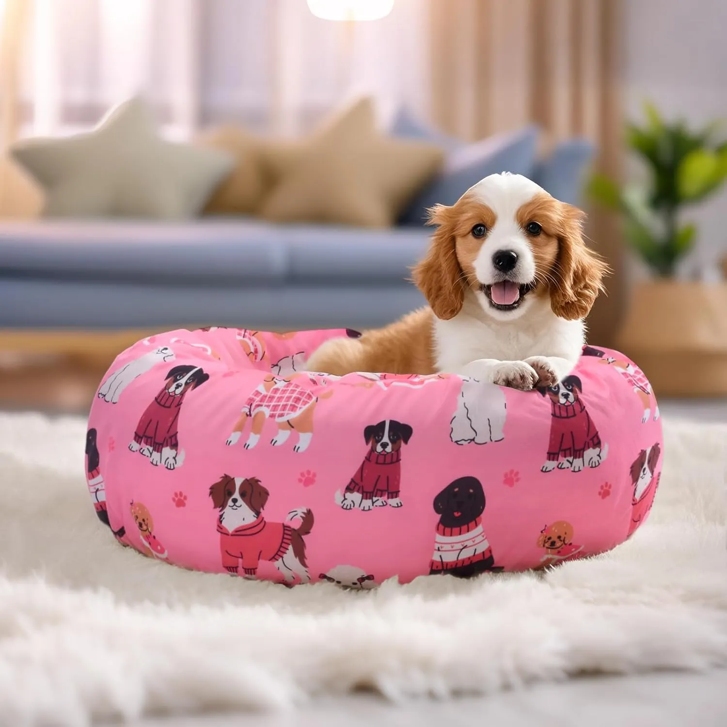 Round Replacement Dog Bed Covers Elastic Edged Washable Pet Bed Protector with Pink Dog Pattern Design for Small & Medium Pet Beds, Cover Only (Pink, 20 x 9.8 Inch)