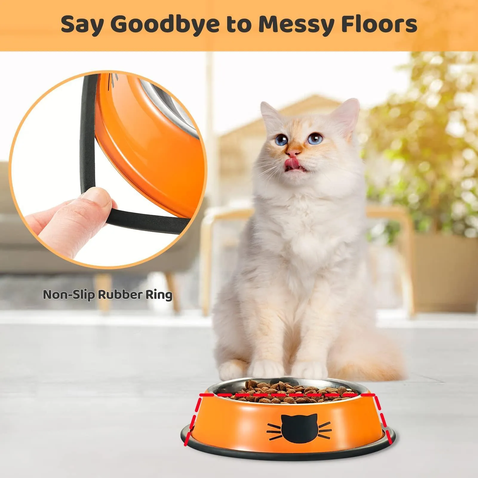 Set of 3 Stainless Steel Cat Food Water Bowl with Non-Slip Rubber Base