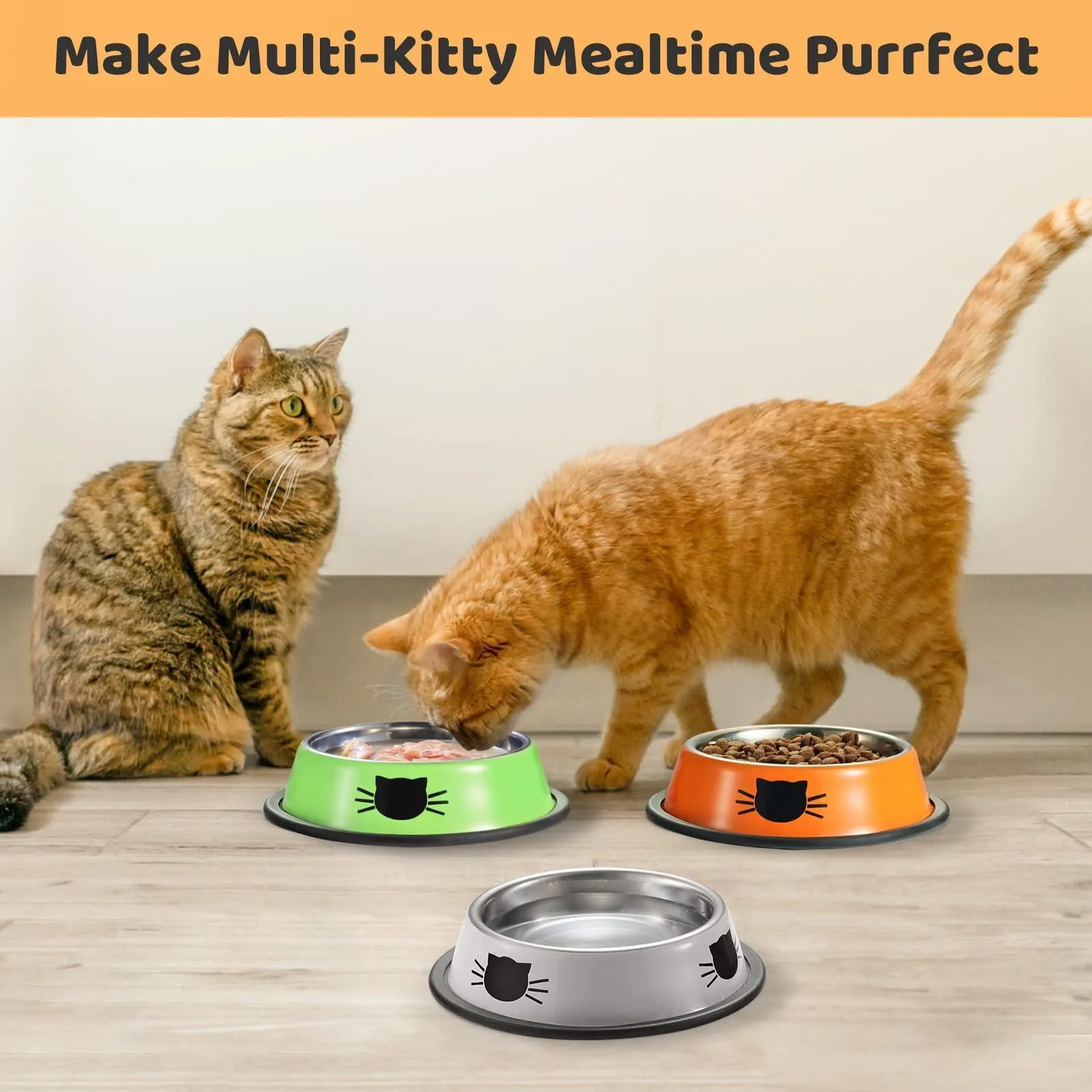 Set of 3 Stainless Steel Cat Food Water Bowl with Non-Slip Rubber Base