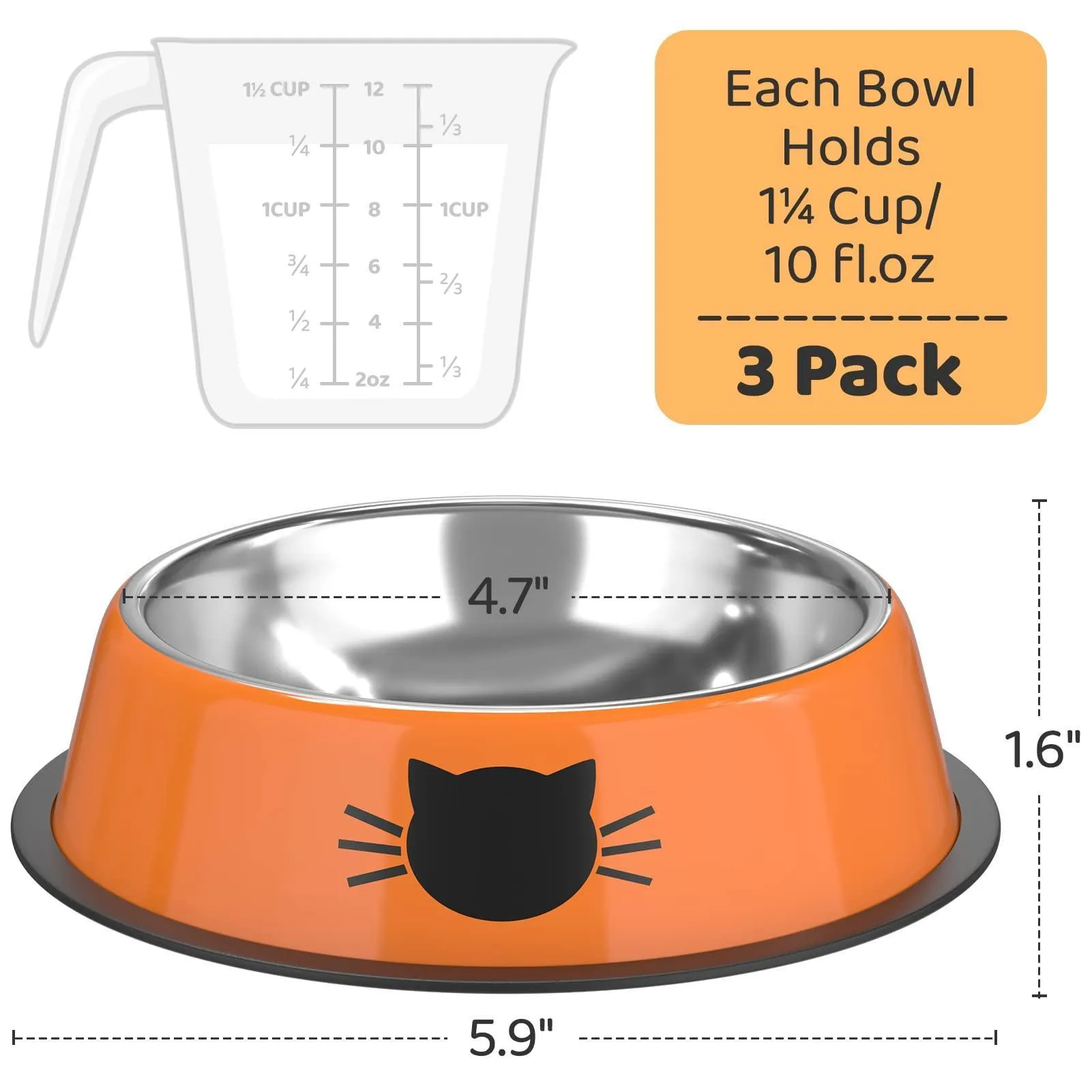 Set of 3 Stainless Steel Cat Food Water Bowl with Non-Slip Rubber Base
