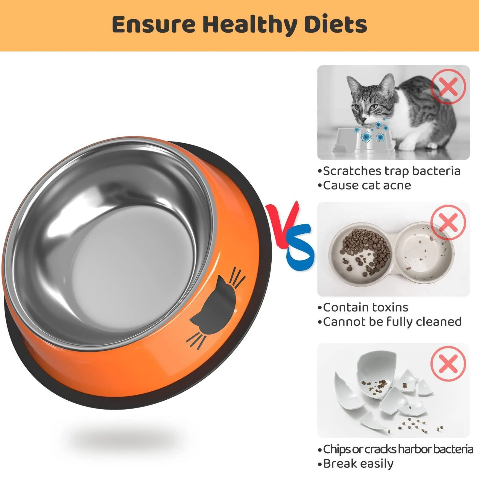 Set of 3 Stainless Steel Cat Food Water Bowl with Non-Slip Rubber Base