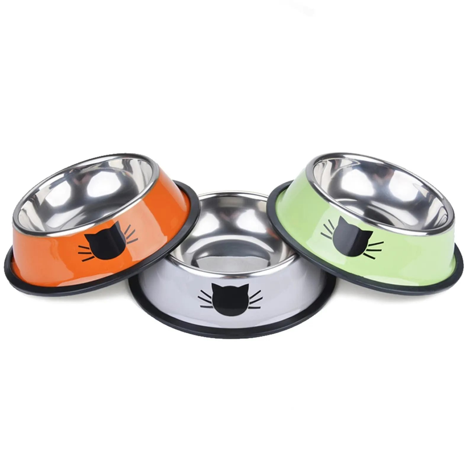 Set of 3 Stainless Steel Cat Food Water Bowl with Non-Slip Rubber Base