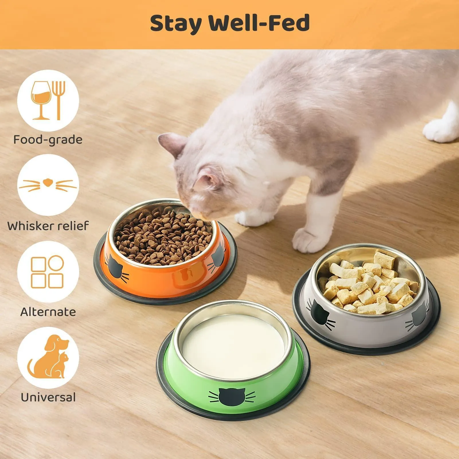 Set of 3 Stainless Steel Cat Food Water Bowl with Non-Slip Rubber Base