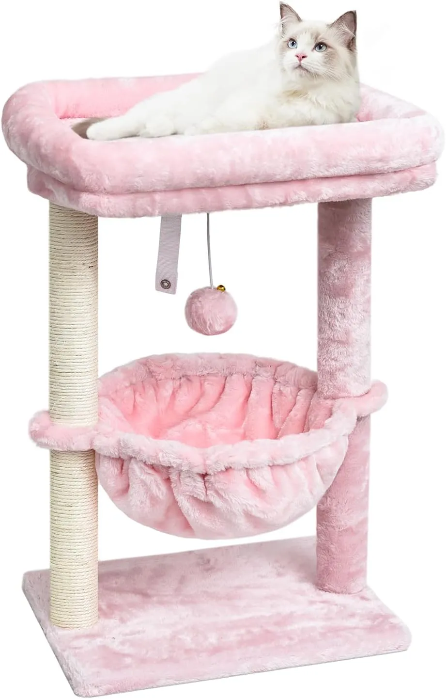 SYANDLVY Small Cat Tree for Indoor Cats, Activity Cat Tower with Scratching Post for Kittens, Modern Cat Furniture with Basket & Hanging Ball for Play Rest, Pink