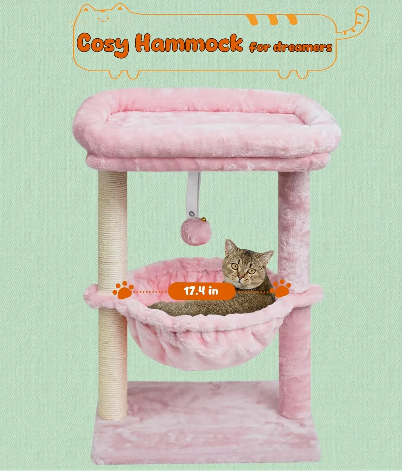 SYANDLVY Small Cat Tree for Indoor Cats, Activity Cat Tower with Scratching Post for Kittens, Modern Cat Furniture with Basket & Hanging Ball for Play Rest, Pink