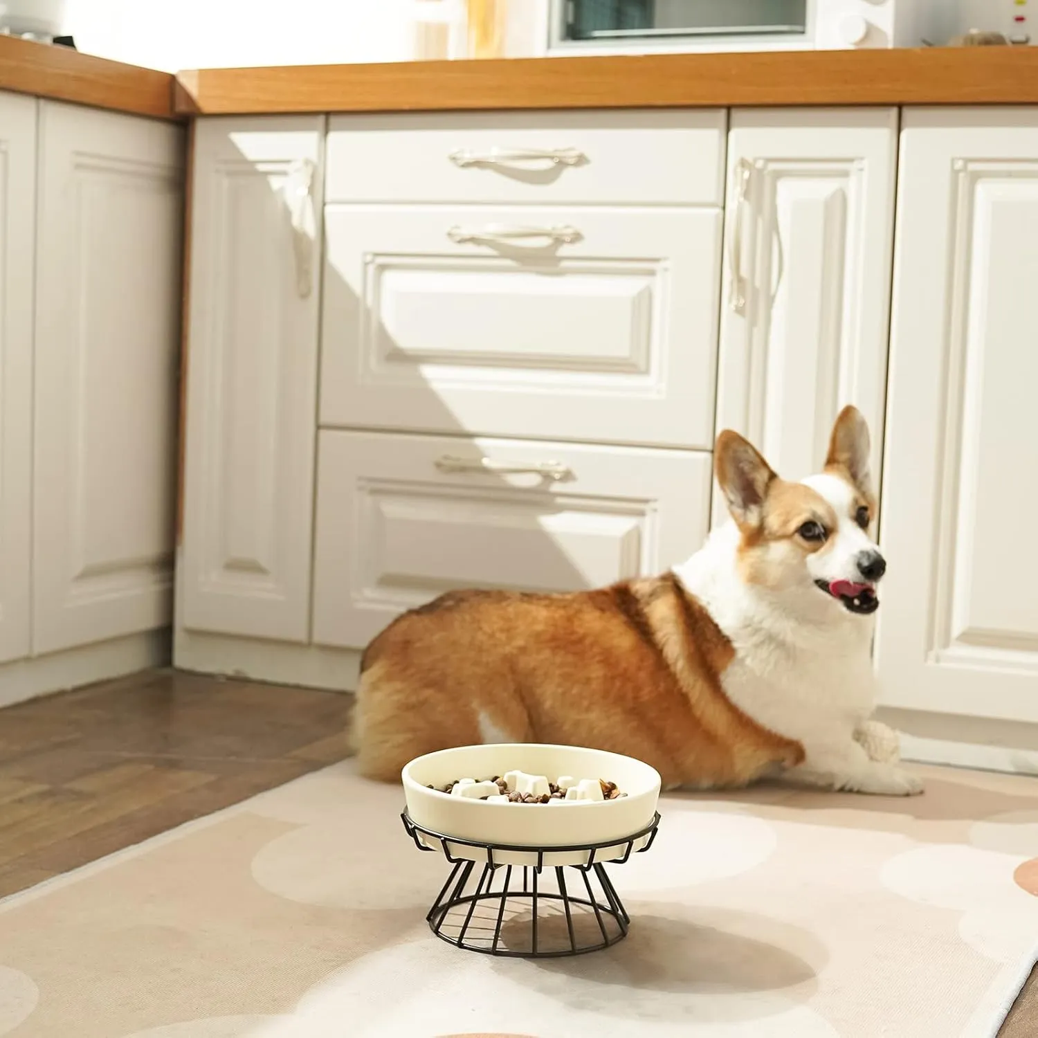 TAMAYKIM 8.25'' Ceramic Slow Dog Bowl with Elevated Metal Stand, 1.75 Cups Non-Slip Puzzle Raised Dog Bowl Feeder, Slow Down Eating Prevent-Choking Food Bowl Dish for Small, Medium & Large Dogs, Beige