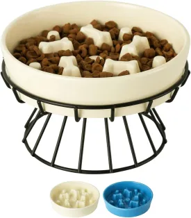 TAMAYKIM 8.25'' Ceramic Slow Dog Bowl with Elevated Metal Stand, 1.75 Cups Non-Slip Puzzle Raised Dog Bowl Feeder, Slow Down Eating Prevent-Choking Food Bowl Dish for Small, Medium & Large Dogs, Beige