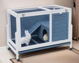 Two Floors Wooden Indoor Bunny Hutch Rabbit Cage on Wheels Guinea Pig PET House for Small to Medium Animals Waterproof No Leak Tray