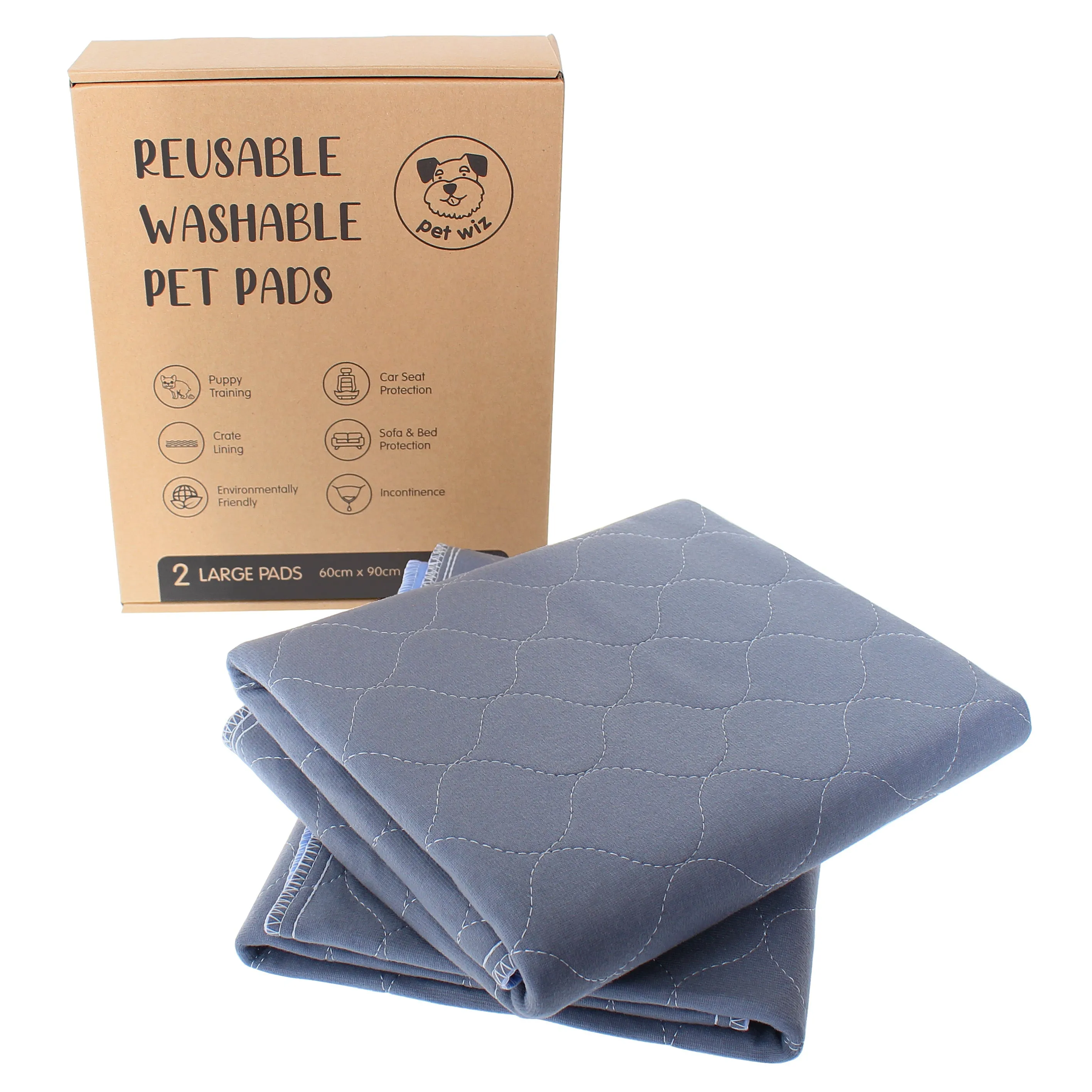 Two Pack of Large Reusable, Washable, Pet Pads in Grey (60cm x 90cm)