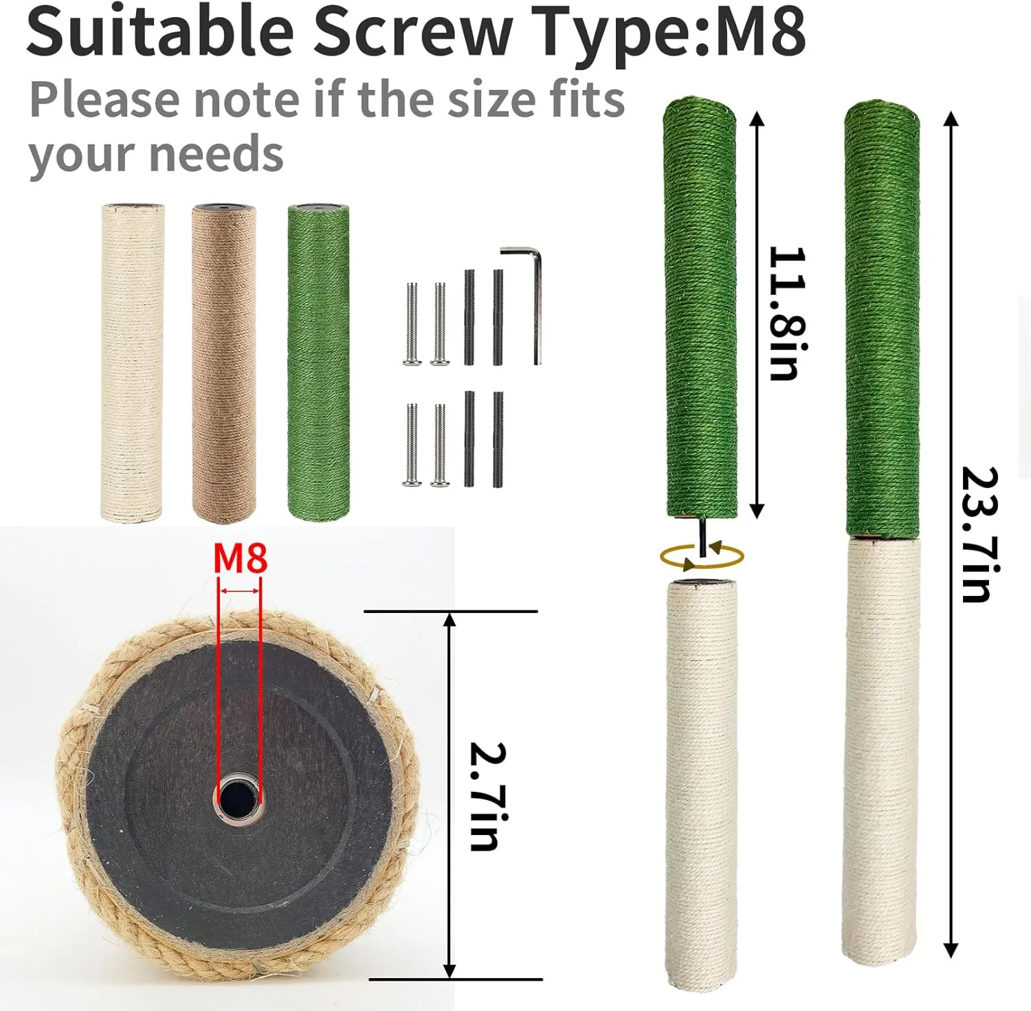 VCEPJH Cat Scratch Post Replacement for Cat Tree Replacement Parts-Pack of 4 12 Inch Cat Tower Scratching Pole Refill with M8 Screws Sisal Rope Furniture Protector for Indoor Kittens (Yellow)