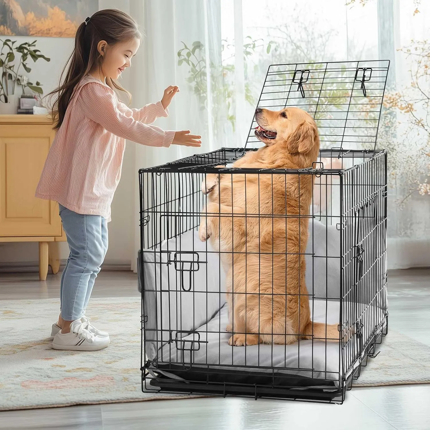 Veehoo 36 inch Dog Crates for Large Dogs with Bumper-Three Doors Folding Metal Wire Dog Crate Cage, Indoor Outdoor Large Dog Crate with Plastic Leak-Proof Tray-Portable Pet Kennel Kit