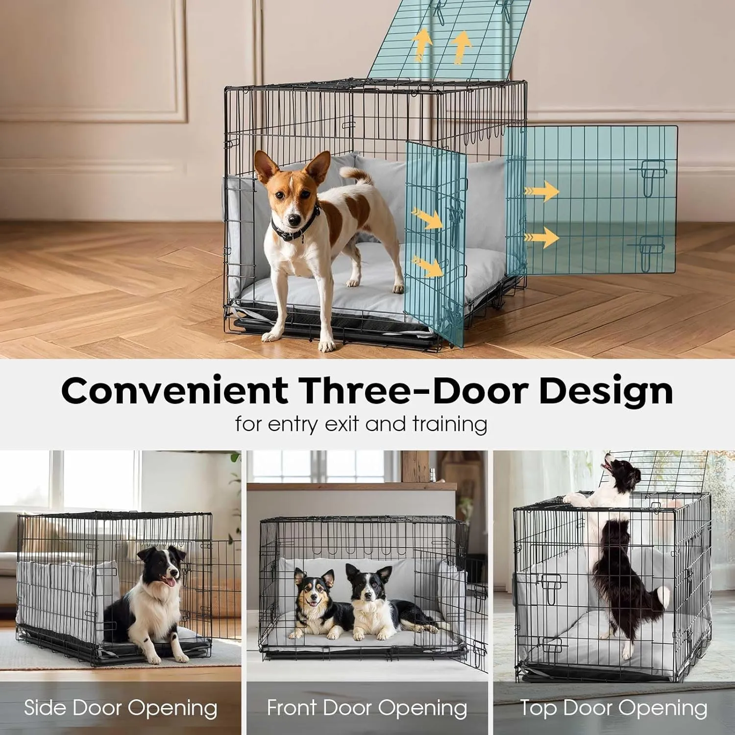 Veehoo 36 inch Dog Crates for Large Dogs with Bumper-Three Doors Folding Metal Wire Dog Crate Cage, Indoor Outdoor Large Dog Crate with Plastic Leak-Proof Tray-Portable Pet Kennel Kit