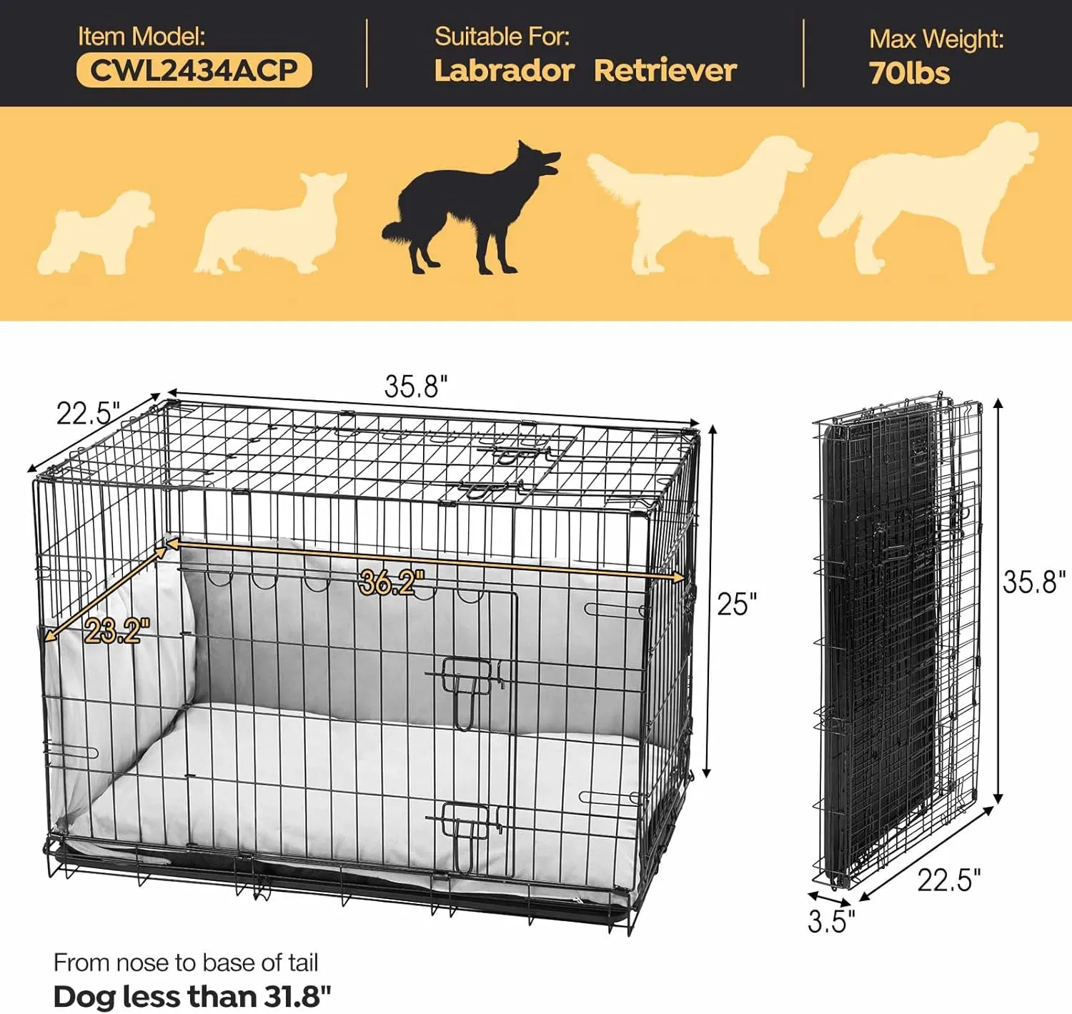 Veehoo 36 inch Dog Crates for Large Dogs with Bumper-Three Doors Folding Metal Wire Dog Crate Cage, Indoor Outdoor Large Dog Crate with Plastic Leak-Proof Tray-Portable Pet Kennel Kit