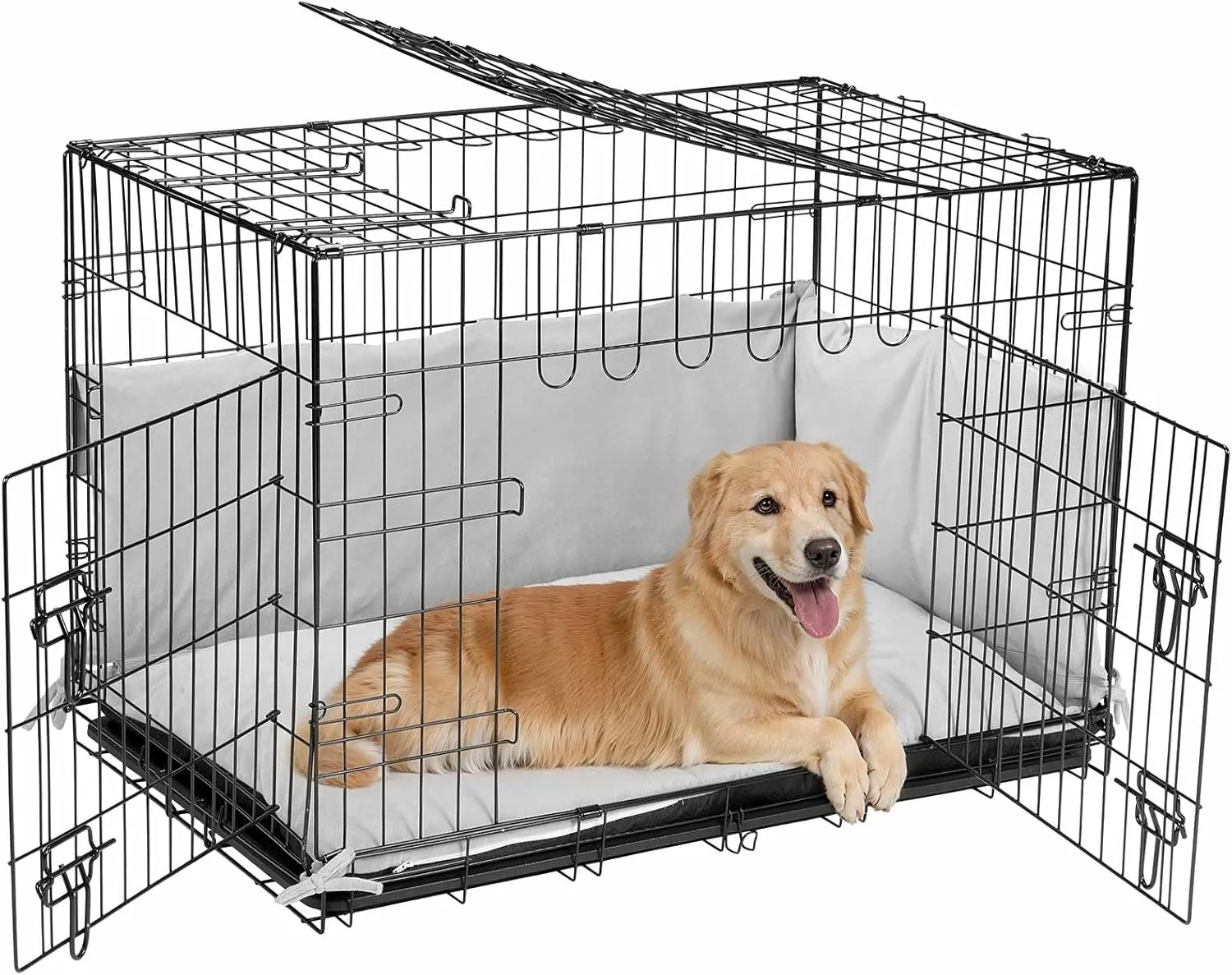 Veehoo 36 inch Dog Crates for Large Dogs with Bumper-Three Doors Folding Metal Wire Dog Crate Cage, Indoor Outdoor Large Dog Crate with Plastic Leak-Proof Tray-Portable Pet Kennel Kit