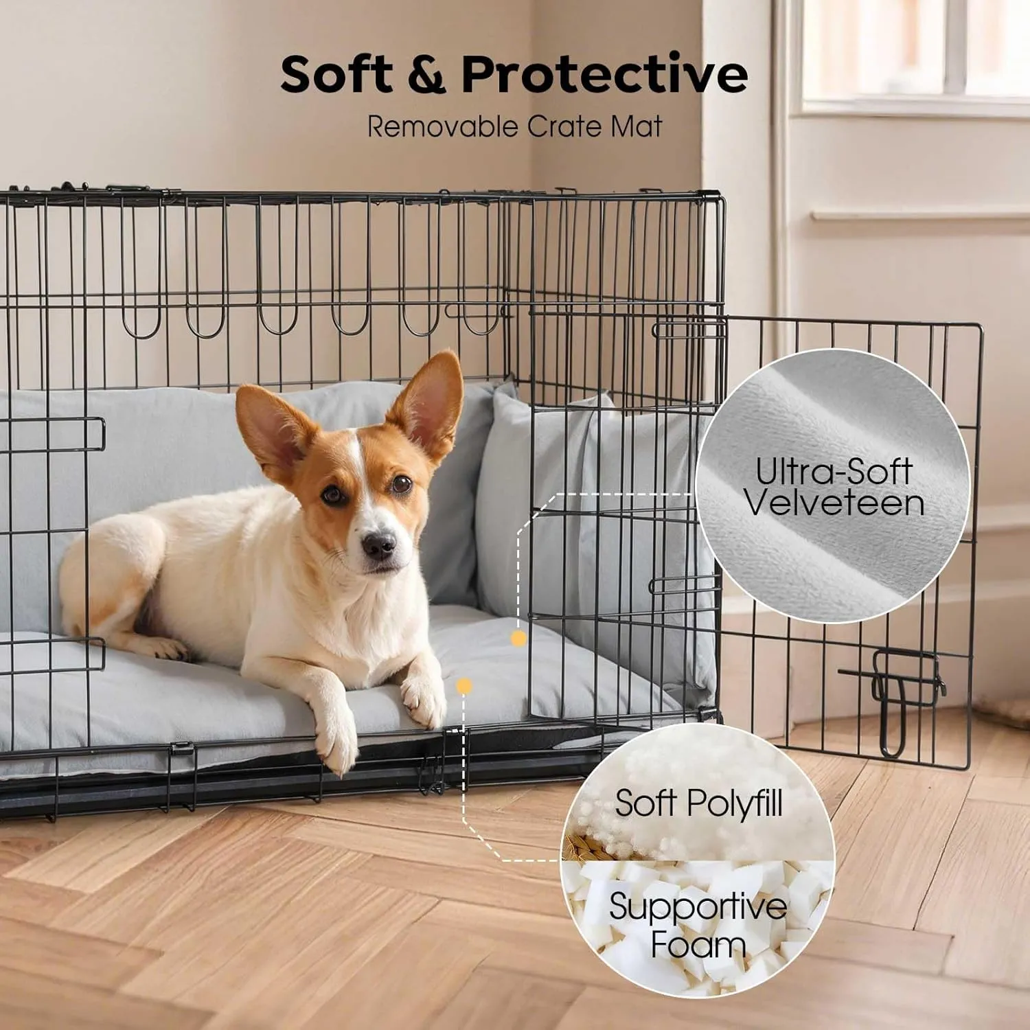 Veehoo 36 inch Dog Crates for Large Dogs with Bumper-Three Doors Folding Metal Wire Dog Crate Cage, Indoor Outdoor Large Dog Crate with Plastic Leak-Proof Tray-Portable Pet Kennel Kit