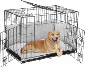 Veehoo 36 inch Dog Crates for Large Dogs with Bumper-Three Doors Folding Metal Wire Dog Crate Cage, Indoor Outdoor Large Dog Crate with Plastic Leak-Proof Tray-Portable Pet Kennel Kit